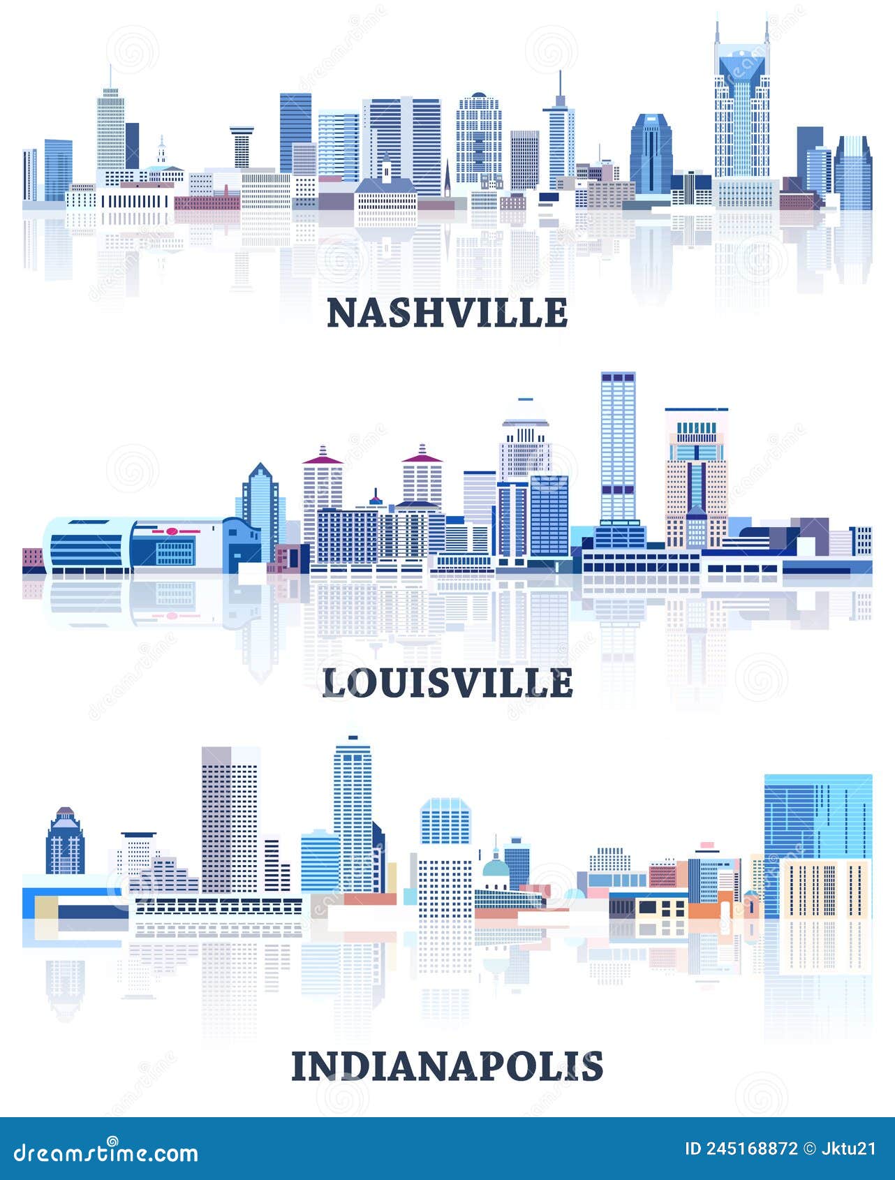  collection of united states cityscapes: nashville, louisville, indianapolis skylines in tints of blue color palette. ÃÂ¡